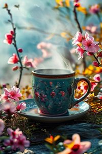 A surreal cup of coffee lined with flowers by F. Abderrahim
