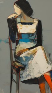 Abstract painting: a woman in a dress sitting by F. Abderrahim