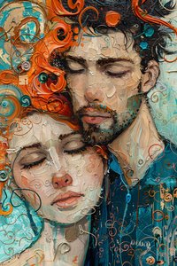 Digital painting: a man & girl in hug & love