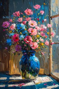Oil Painting of Messy Pink & Blue Flowers by F. Abderrahim
