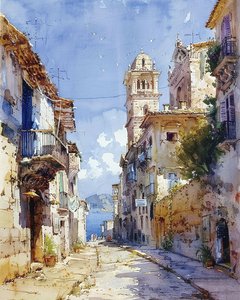 Watercolor White Houses Overlooking the Mediterranean Sea