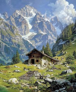 Log Cabin in the Swiss Alps in Spring