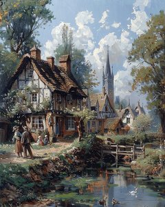 Drawing of a Village and Wooden Houses from the Middle Ages