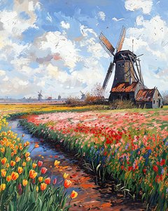 A Medieval Stone Windmill in a Flowered Marsh Connected to the Water