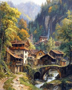 A medieval village and a stone arch between the mountains