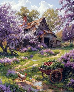 Traditional farmhouse surrounded by pink flowers