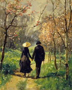 A man and a beautiful woman in love walking in the middle of a forest