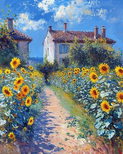 Sunflower field next to a traditional village
