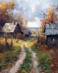 A country road between wooden cabins