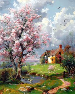 Old house and Landscape with Blossoming Trees