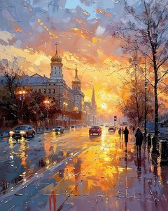 People walking on the street at sunrise under falling rain