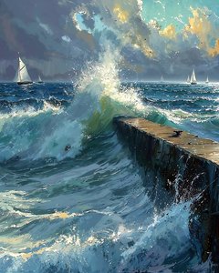 Rough waves and boats on the horizon