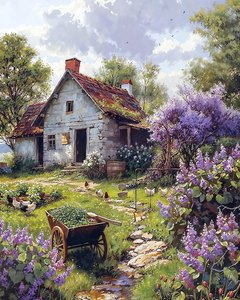 Traditional farmhouse surrounded by pink flowers