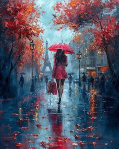 Elegant Lady with Umbrella Walking Down a Paris Street