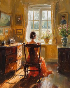A Woman Sits in a Chair and Looks Out the Window in a Moment of Contemplation