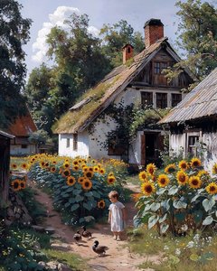 A Child Plays in Front of an Old Farm Surrounded by Sunflowers
