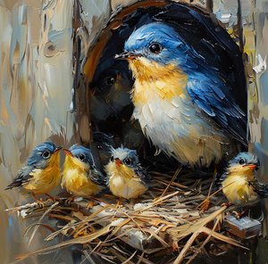 A Colorful Bird & Its Young in a Nest in a Tree
