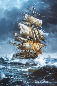 Frigate with full sails amidst a rough sea by F. Abderrahim