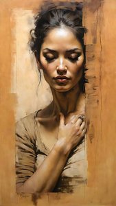 Beautiful woman behind the door on light brown background by F. Abderrahim