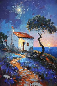 Cottage overlooking the sea under the moonlight, landscapes of Portugal by F. Abderrahim