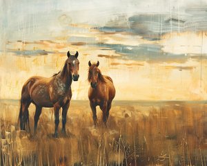 Majestic Horses in a Field at Sunset