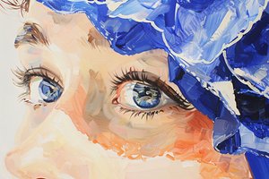 Realistic oil painting cinematic indigo, Female blue eye close up