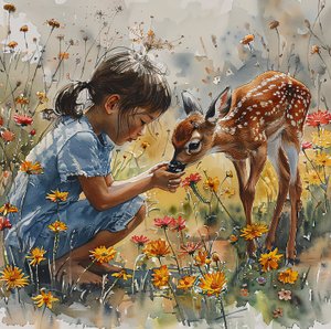 Girl feeding a baby deer, spotted roe deer by F. Abderrahim