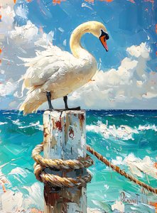 White migratory bird, geese by the sea, blue colors