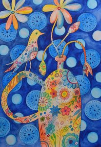 Bird on Flower Vase by Marys Watercolors
