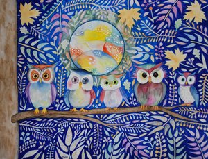 Owls at Night by Marys Watercolors
