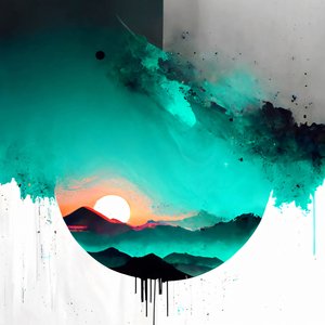 Abstract Minimalist Sunrise on White with Teal Accents by F. Abderrahim