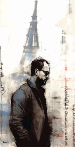 Painting of a Man Walking Down in Paris by F. Abderrahim
