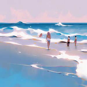 People on the Beach Minimalist Watercolor with Waves by F. Abderrahim