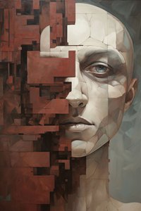 Painting of a man with a broken face and a broken wall by F. Abderrahim