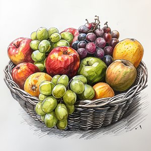 A basket of fruit, simple still life drawing by F. Abderrahim