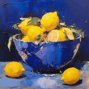 A blue ceramic vase with lemon in the kitchen by F. Abderrahim