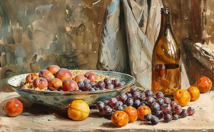 A still life, fruits & bottle of wine by F. Abderrahim
