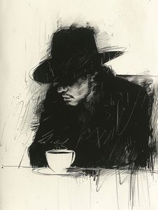 Black Minimalist Sketch of a Man Drinking Coffee by F. Abderrahim