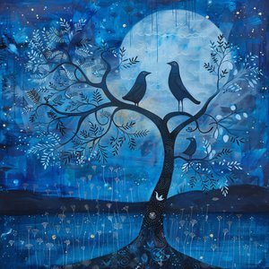 Blue Moon & Bird, Starry Night Magic by F. Abderrahim