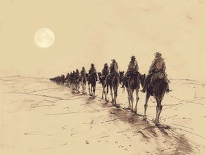 Desert Sun Procession Minimalist Single-Line Sketch by F. Abderrahim