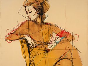 Fashion Illustration & Drawing of a Woman Sitting, Portrait in Elegant Brown Dress by F. Abderrahim