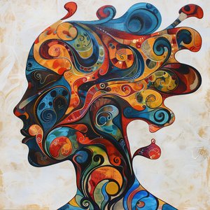 Silhouette of a Woman, Colored Hair & Swirls by F. Abderrahim