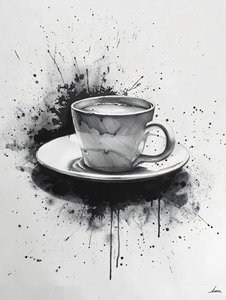 Minimalist Single-Line Noir Scene with Coffee Stain Highlights by F. Abderrahim