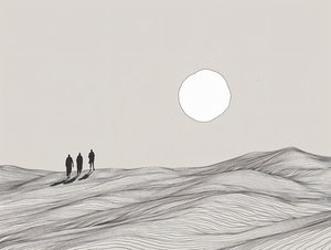 Minimalist Sketch, Men Walking in a Desert Sun Procession by F. Abderrahim