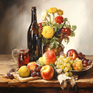 Still Life Painting, Flowers, Fruits & Wine by F. Abderrahim