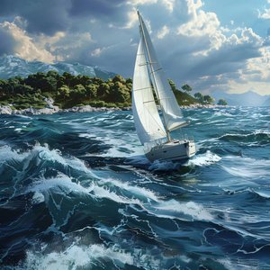 White Sailboat Yacht on the Seashore, Croatian Coast with Natural Lighting by F. Abderrahim