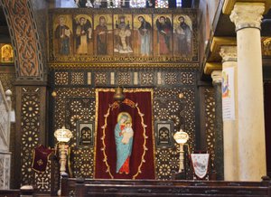 Interior of The Hanging Church in Old Cairo, historic Coptic Orthodox church with icons and wooden iconostasis
