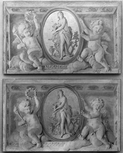Pair of Overdoors with Diana or a Nymph in an Oval Medallion Supported by Amorini by 18th century . French Painter