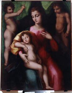 Virgin Adoring the Sleeping Christ Child with Two Angels. Painting by Andrea Piccinelli called Il Brescianino (1485-after 1525)