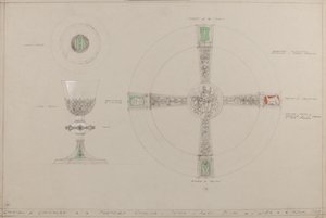 Chapel of Chivalry: proposed chalice, paten and alms dish by A. Edward Jones and Co.